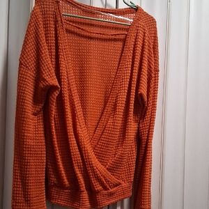 Orange V-Neck Sweater with Textured Knit